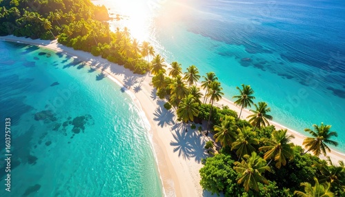 summer vacation beach tropical sunrise sun flare A stunning aerial view of a tropical beach with clear blue waters, white sand, and lush palm trees under a bright sun.
