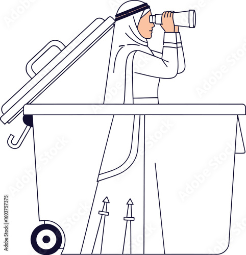 Illustration of a woman in a hijab and traditional dress looking through binoculars from inside a trash can