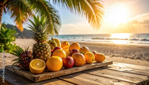 summer vacation beach tropical sunrise sun flare A vibrant assortment of tropical fruits on a wooden table with a picturesque beach and sunset in the background.