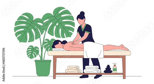 Professional massage therapist providing relaxation and therapeutic benefits to a client on a massage table in a serene spa environment