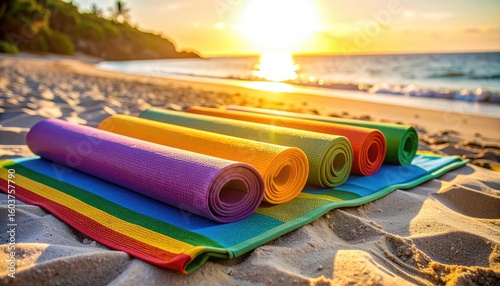 summer vacation beach tropical sunrise sun flare Colorful yoga mats arranged on a beach during sunset, creating a serene and inviting atmosphere for relaxation and practice.