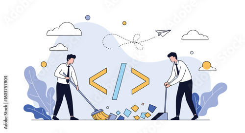 Developers diligently cleaning and organizing code for efficient software development and project maintenance