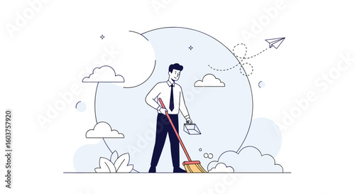 Business professional meticulously cleaning office space with a broom and dustpan ensuring a tidy and organized workspace for enhanced productivity and employee well-being