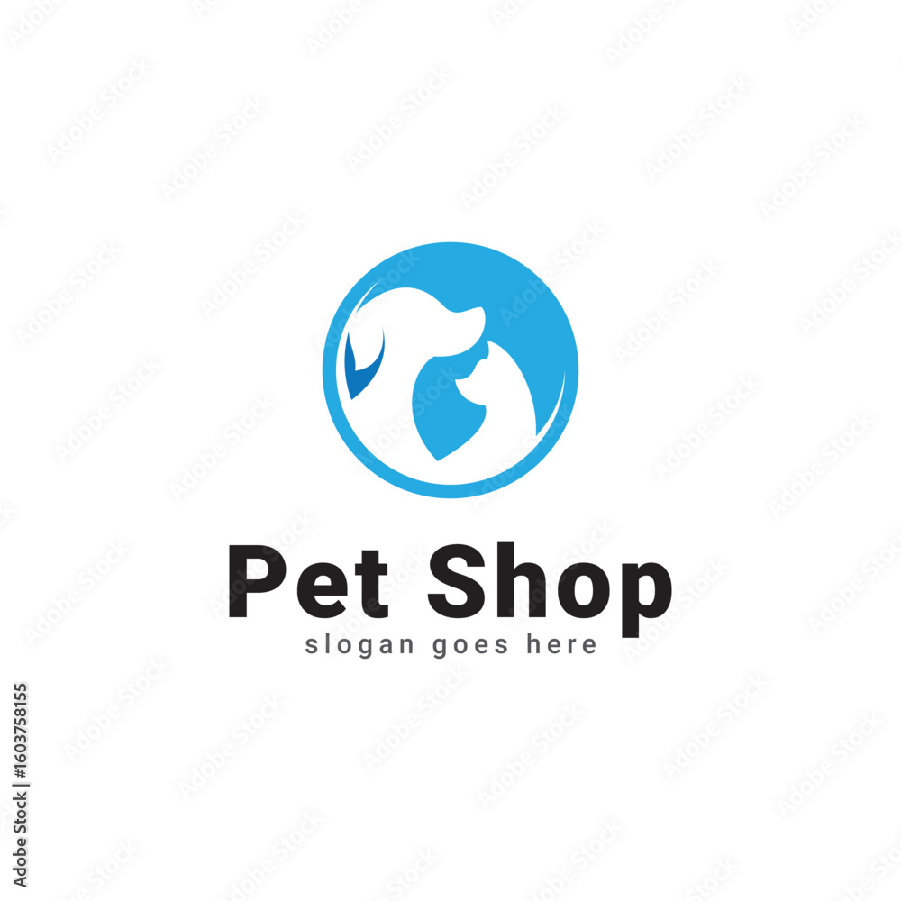 Pet Shop Vector Logo Design Template. Black and white animal icon label for shops, veterinary clinics, hospitals, animal shelters, and business services. Veterinary illustration background with dog an Pet Shop Vector Logo Design Template. Black and white animal icon label for shops, veterinary clinics, hospitals, animal shelters, and business services. Veterinary illustration background with dog an