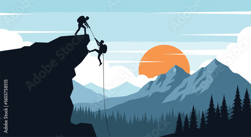 Two hikers helping each other ascend a rugged mountain peak during a glorious sunrise with distant peaks