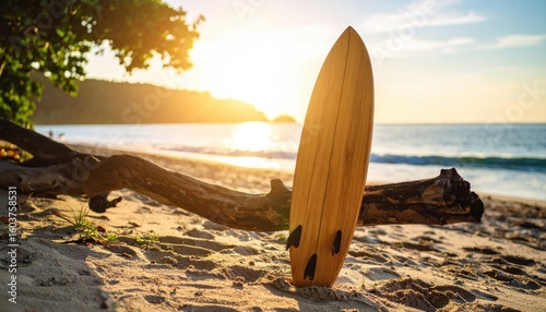 summer vacation beach tropical sunrise sun flare A wooden surfboard rests on the beach at sunset, surrounded by natural elements, capturing a serene coastal atmosphere.