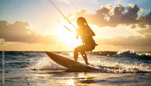 summer vacation beach tropical sunrise sun flare A silhouetted kite surfer rides the waves at sunset, capturing the thrill of water sports and adventure.