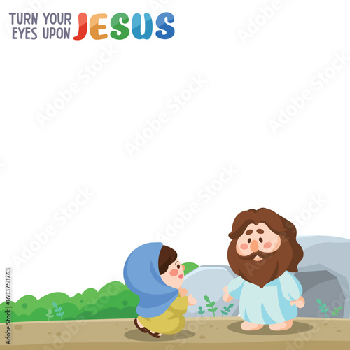 Cute Cartoon Jesus Chirst Resurrection Jesus and Mary at the empty tomb vector illustration card with blank space