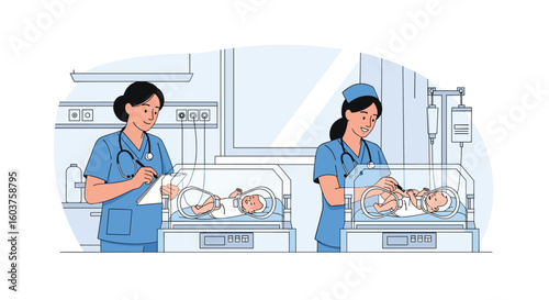 Nurses attentively caring for newborns in modern hospital incubators promoting infant health and development in a sterile medical environment