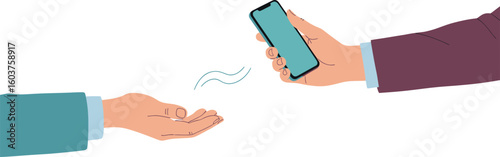 A hand holding a phone above another hand in a business setting with a white background illustration