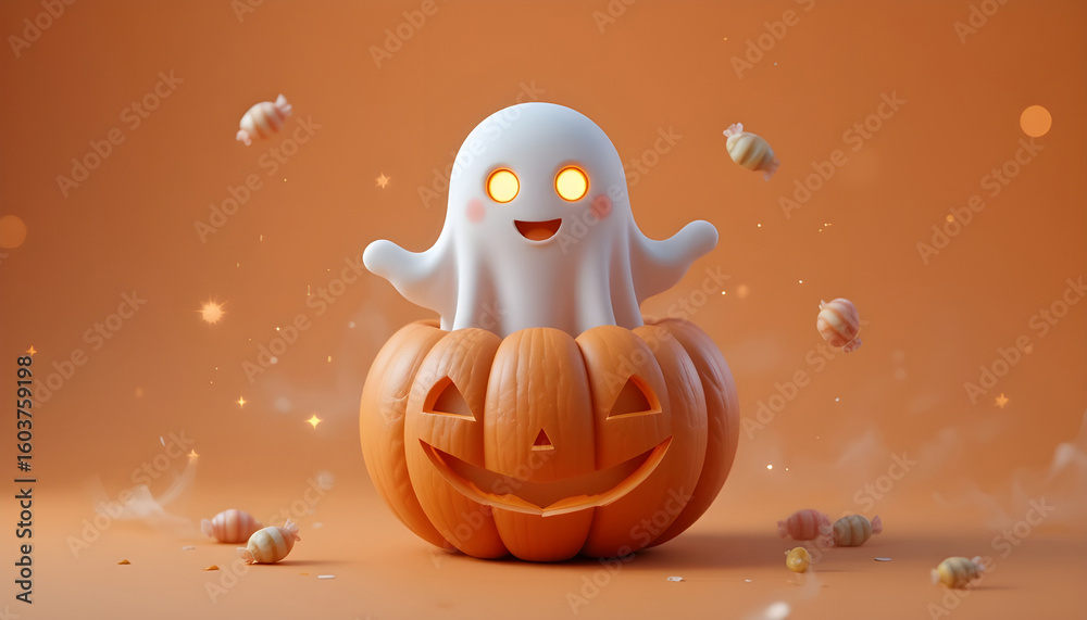 Cute Ghost in a Pumpkin, Halloween Celebration.A cheerful cartoon ghost sits inside a carved pumpkin, surrounded by flying candy. Cute Ghost in a Pumpkin, Halloween Celebration.A cheerful cartoon ghost sits inside a carved pumpkin, surrounded by flying candy.