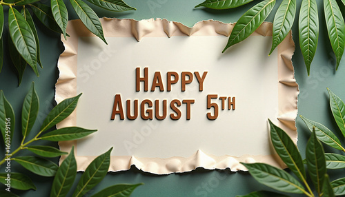 Nature-themed stationery with cheerful mood, torn paper and green leaves, copy space