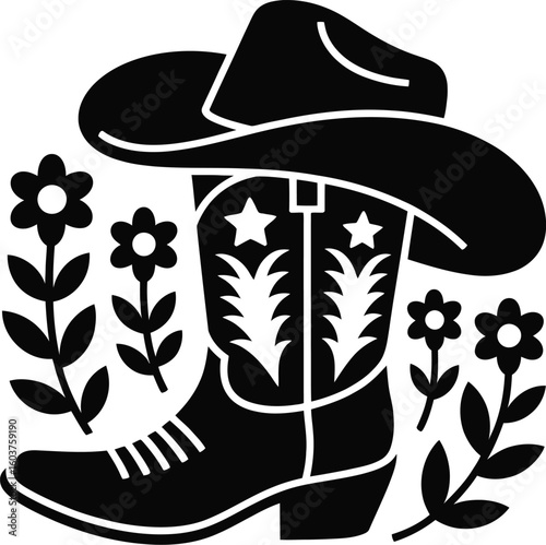 Black and white vector illustration of a cowboy boot and hat surrounded by flowers creating a rustic western and floral themed design element for various