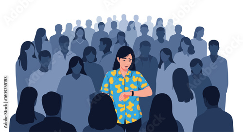A young woman wearing a colorful tropical shirt checks her smartwatch while standing in a crowd of people looking at her