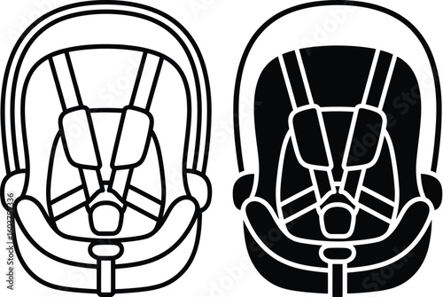 Baby car seat icon set front view outline and silhouette