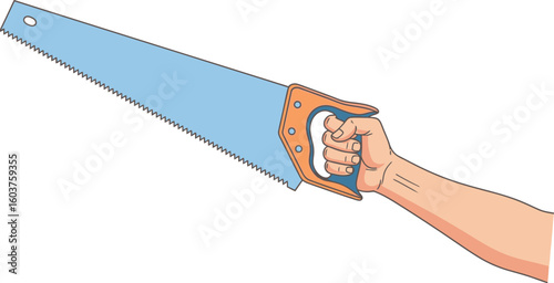 A cartoon hand holding a light blue hand saw with a brown handle against a white background space here
