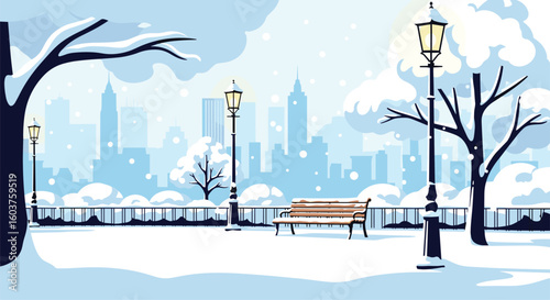 A serene winter landscape featuring a snow-covered park with bare trees and glowing lampposts overlooking a distant city skyline under a gentle snowfall