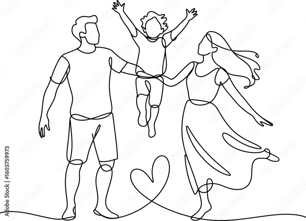 Fototapeta premium Joyful family of three celebrating with a child in the air and a heart shape