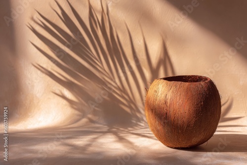 Wallpaper Mural Empty coconut shell with palm leaf shadow on beige background Torontodigital.ca