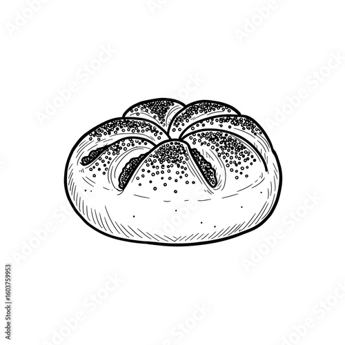   Poppy bun illustration, hand-drawn style, black and white