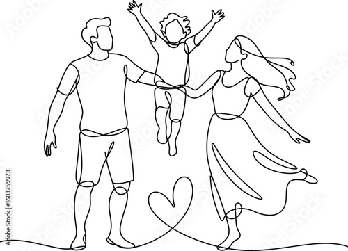 Joyful family of three celebrating with a child in the air and a heart shape