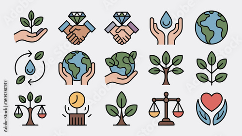 Colorful Line Art Icons Representing Environmental Sustainability Corporate Social Responsibility Ethical Business Practices Global 2