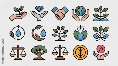 Colorful Line Art Icons Representing Environmental Sustainability Corporate Social Responsibility Ethical Business Practices Global 3