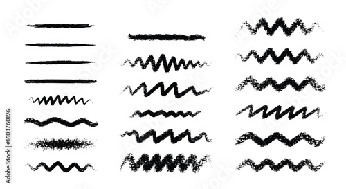 Collection of textured brush stroke lines and wavy patterns in black ink for graphic design elements