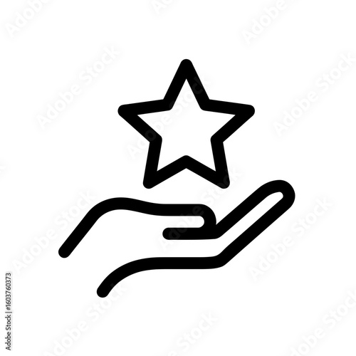 Simple outline icon of an open hand holding a star, concept for achievement recognition, success promotion and quality appreciation.