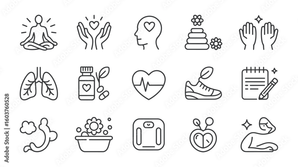 Fototapeta premium Wellness Lifestyle Icons Set Black Line Art Graphics Collection Healthy Habits Yoga Meditation Heart Rate Lungs Supplements Fitness Notebook