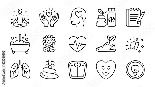 Wellness Icons Set Black Line Art Graphics Healthy Lifestyle Symbols Collection Yoga Meditation Heart Rate Bath Flower Plant Scale Tooth