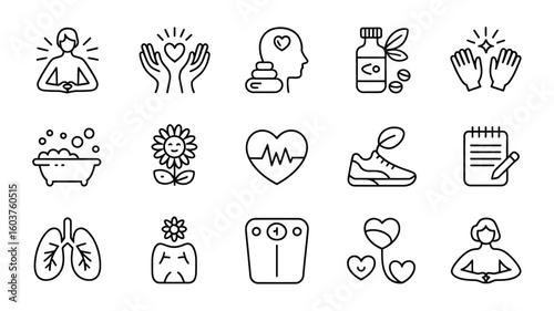 Wellness Icons Set Black Line Art Illustrations Healthy Lifestyle Symbols Collection Mind Body Spirit Balance Self Care Yoga Meditation Bath