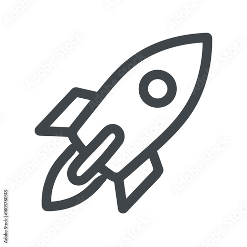 Isolated outline of a rocket launching upward depicted in simple line art, concept for startup venture, innovative technology, and rapid business growth.