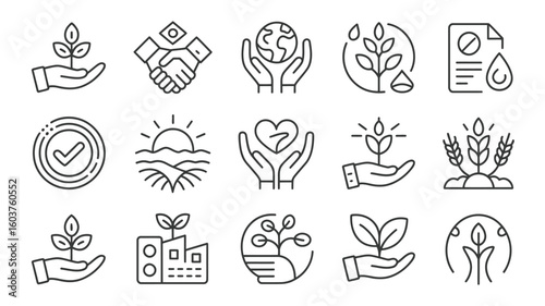 Collection of Black and White Line Art Icons Depicting Environmental Sustainability Corporate Social Responsibility and Ethical Business 1