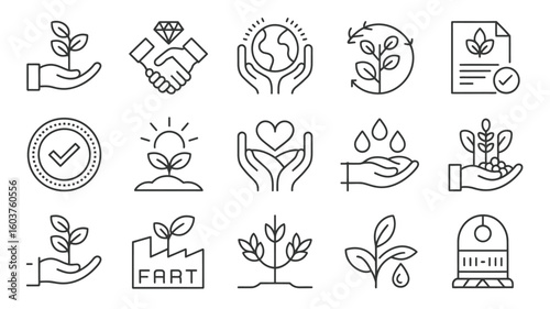 Collection of Black and White Line Art Icons Depicting Environmental Sustainability Corporate Social Responsibility and Ethical Business 3