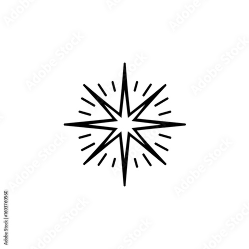 Geometric eight-pointed starburst icon isolated on white background. Concept for navigational symbol, guidance system and celebratory decoration.
