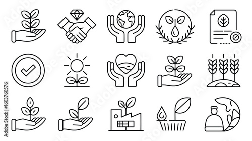 Collection of Black and White Line Art Icons Depicting Environmental Sustainability Corporate Social Responsibility and Ethical Business 4