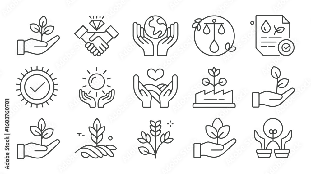 Fototapeta premium Collection of Black and White Line Art Icons Depicting Environmental Sustainability Corporate Social Responsibility Ethical Business Practices