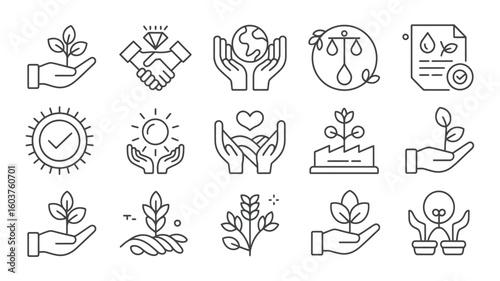 Collection of Black and White Line Art Icons Depicting Environmental Sustainability Corporate Social Responsibility Ethical Business Practices