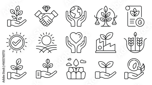 Collection of Black and White Line Art Icons Depicting Sustainability Corporate Social Responsibility Environmental Conservation and Ethical