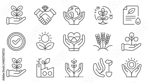 Collection of Black and White Line Art Icons Depicting Sustainability Environmental Protection and Corporate Social Responsibility Themes