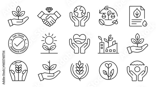 Collection of Black and White Line Art Icons Depicting Sustainability Environmental Protection Fair Trade and Ethical Business Practices