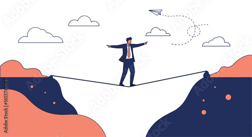 Man in suit walking on tightrope over a gap symbolizing risk and balance in business decision making and strategy