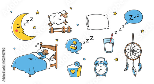 A collection of cute sleepy themed icons depicting nighttime rest and slumber including a crescent moon a cozy bed a fluffy sheep and a dreamcatcher