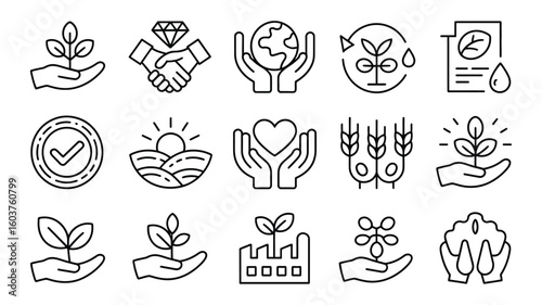 Collection of Black and White Line Art Icons Depicting Sustainable Agriculture Ethical Business Practices Environmental Conservation and
