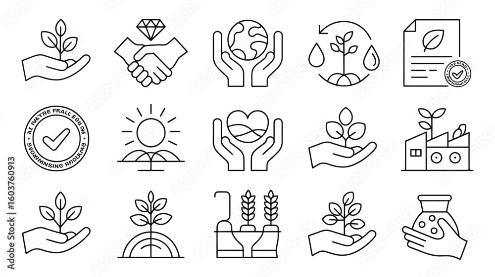 Fototapeta premium Collection of Black Line Art Icons Depicting Environmental Sustainability Corporate Social Responsibility Ethical Business Practices and Eco