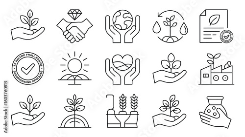 Collection of Black Line Art Icons Depicting Environmental Sustainability Corporate Social Responsibility Ethical Business Practices and Eco