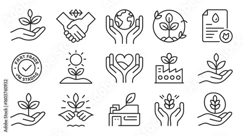 Collection of Black Line Art Icons Depicting Sustainability Fair Trade Environmental Conservation and Corporate Social Responsibility Concepts