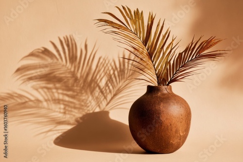 Wallpaper Mural Palm leaf in wooden pot on beige surface Torontodigital.ca