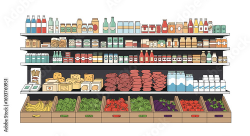 Digital representation of grocery store shelves stocked with food and beverages offering a vibrant array of products